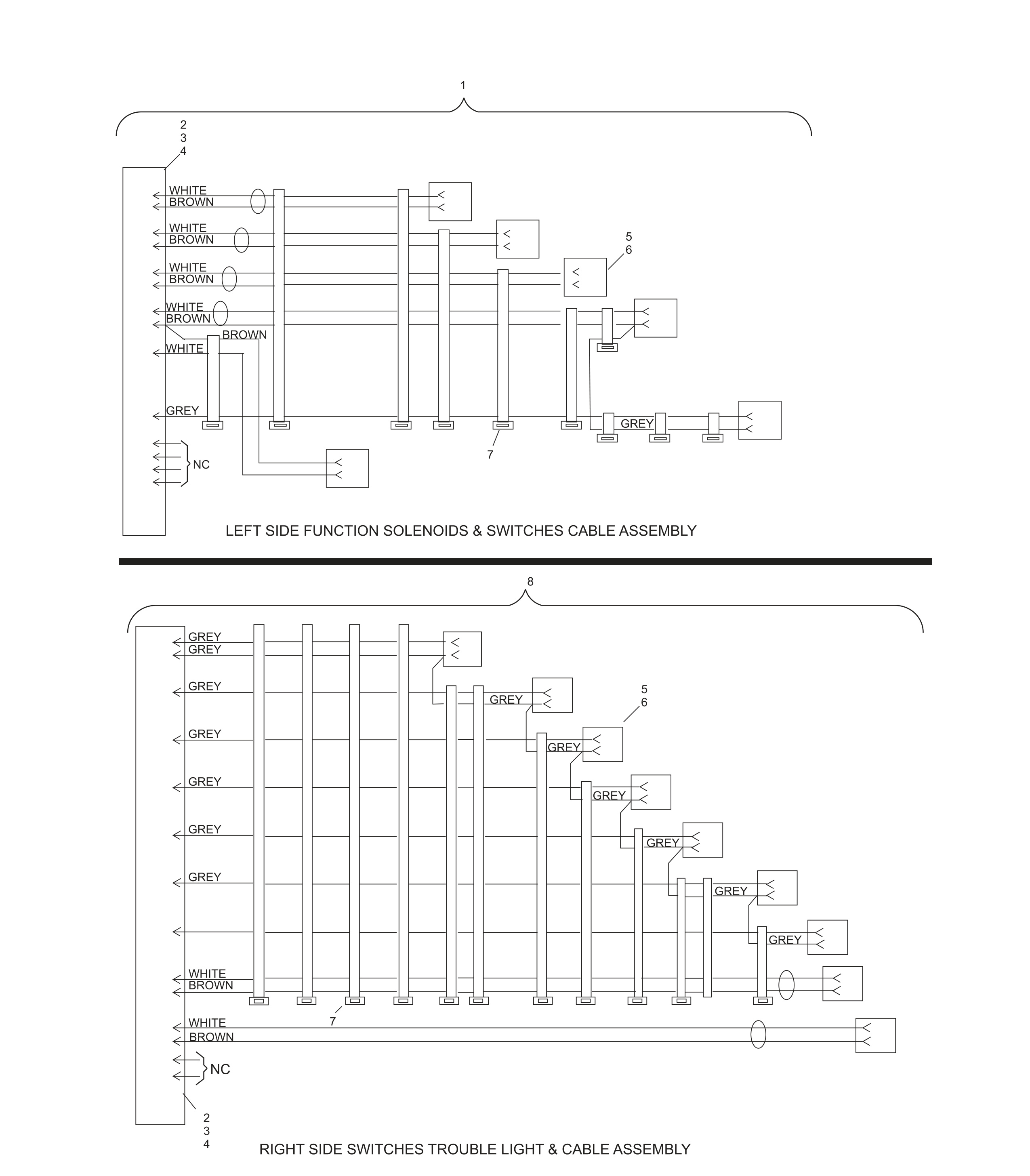 L.H.Side Function Solenoids & Switches and Side Switches, R.H. Trouble Light & Ball Door Cable Assemblies - Universal Voltage Silver Box