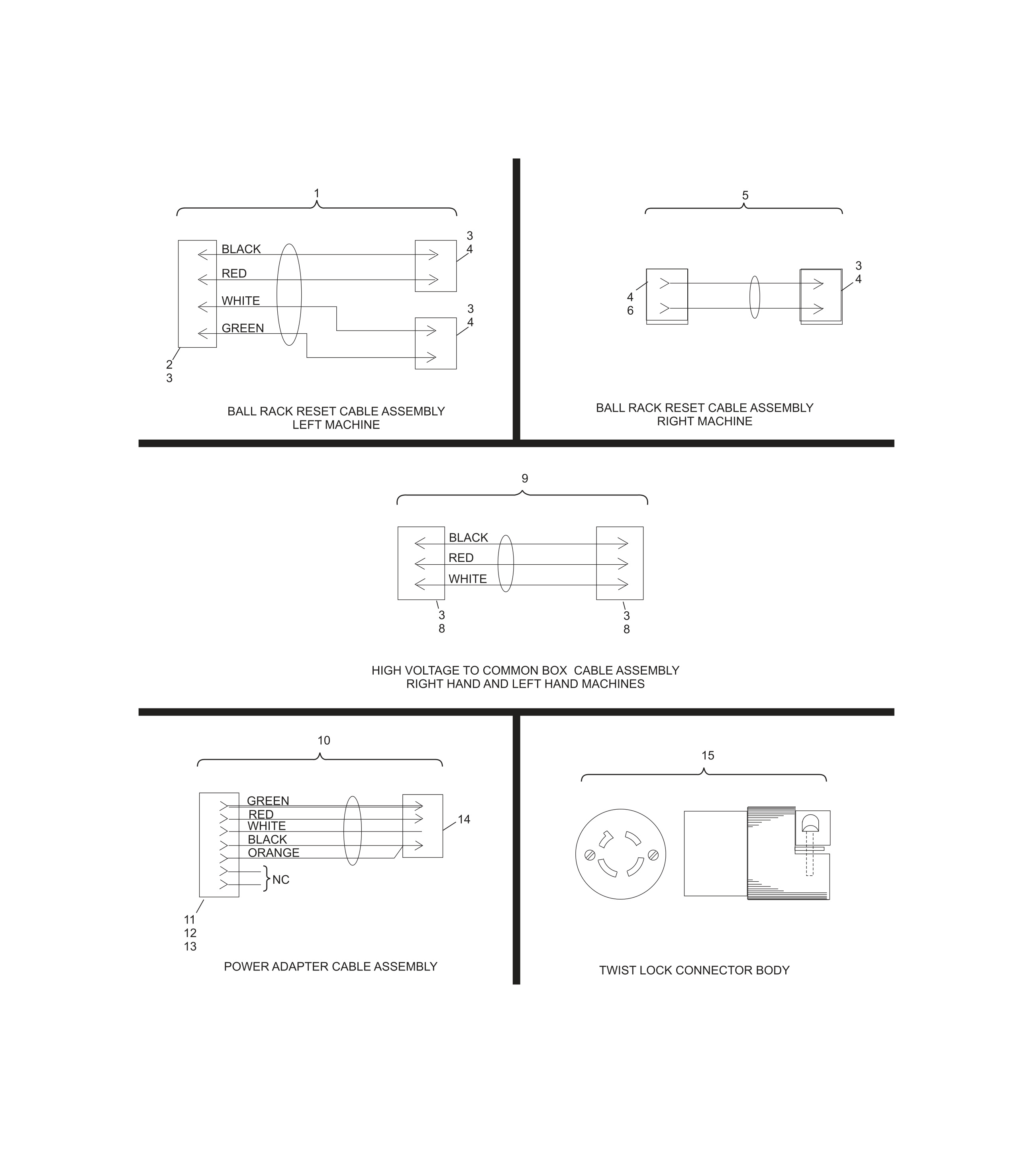 Ball Rack Reset, High Voltage to Common Box and Power Adapter Cable Assemblies - Universal Voltage Silver Box