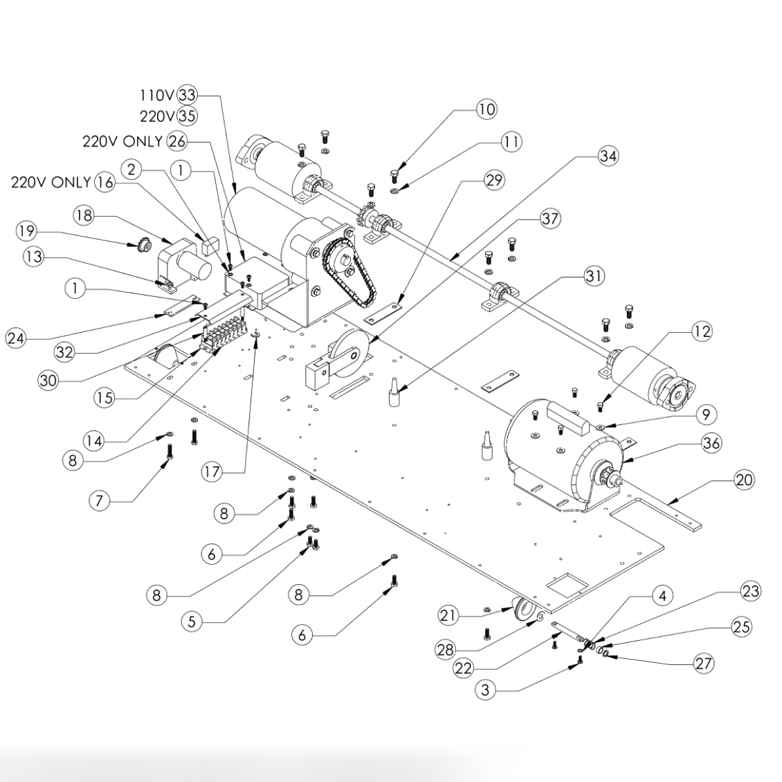 BASE PLATE ASSEMBLY - DRIVE MOTOR - BUFFER MOTOR - DRIVE SHAFT